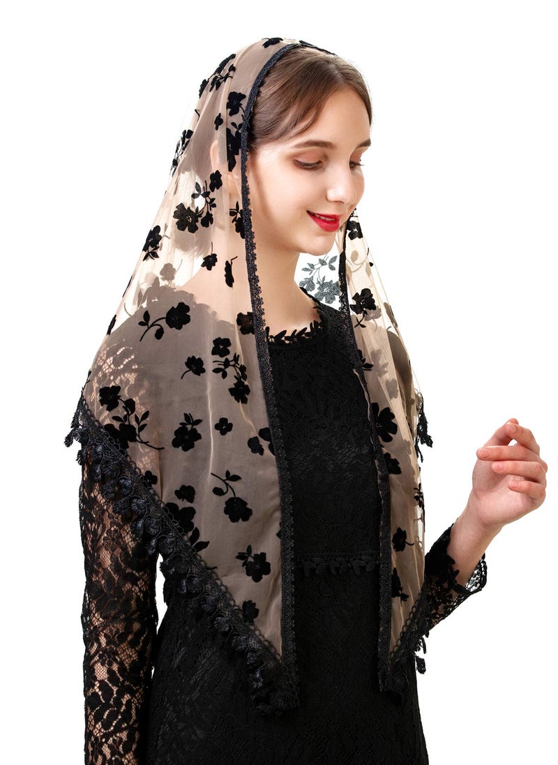 PAMOR Triangle Lace Veil Mantilla Cathedral Head Covering Chapel Veil for Mass Wedding Bridesmaids (Beige and Black) - Image 1